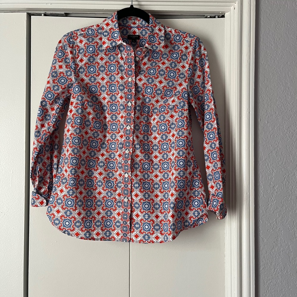 Talbots Button-Up Top Geometric Print Long Sleeve Blouse Red Blue Petite P